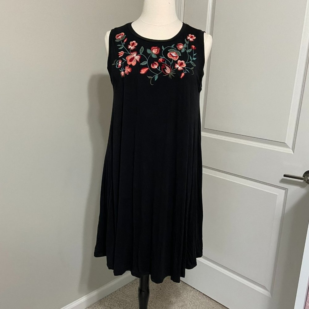 LOFT Plus Black Embroidered Sleeveless Swing Dress